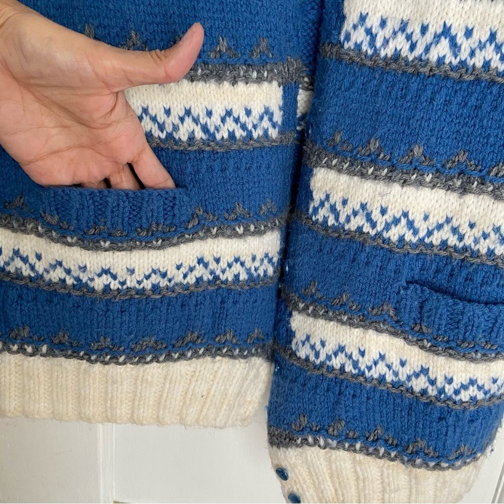 Hand Knitted‎ Vintage Cardigan Fair Isle Fisherman Sweater CabinCore Nordic M/L - Picture 5 of 12